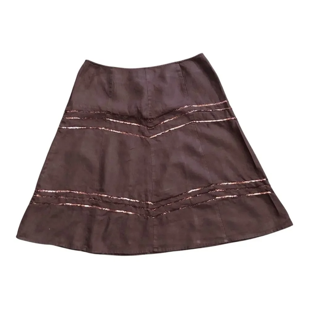 Style & Co Linen Skirt Womens Size 16 Brown A-Line Metallic Sequin Side Zip